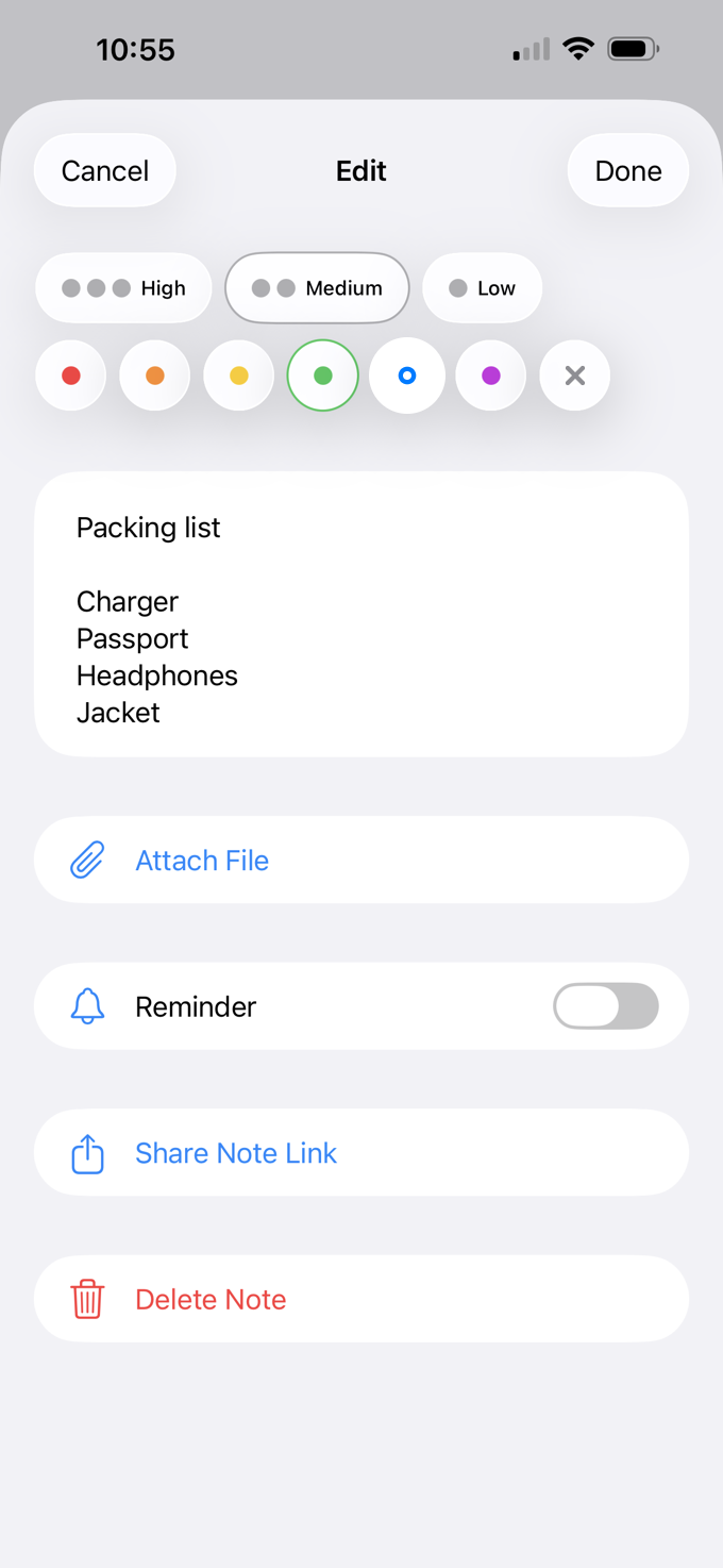 NotePile editor showing priority, colors, attached file, reminder, share note link, and delete note controls.