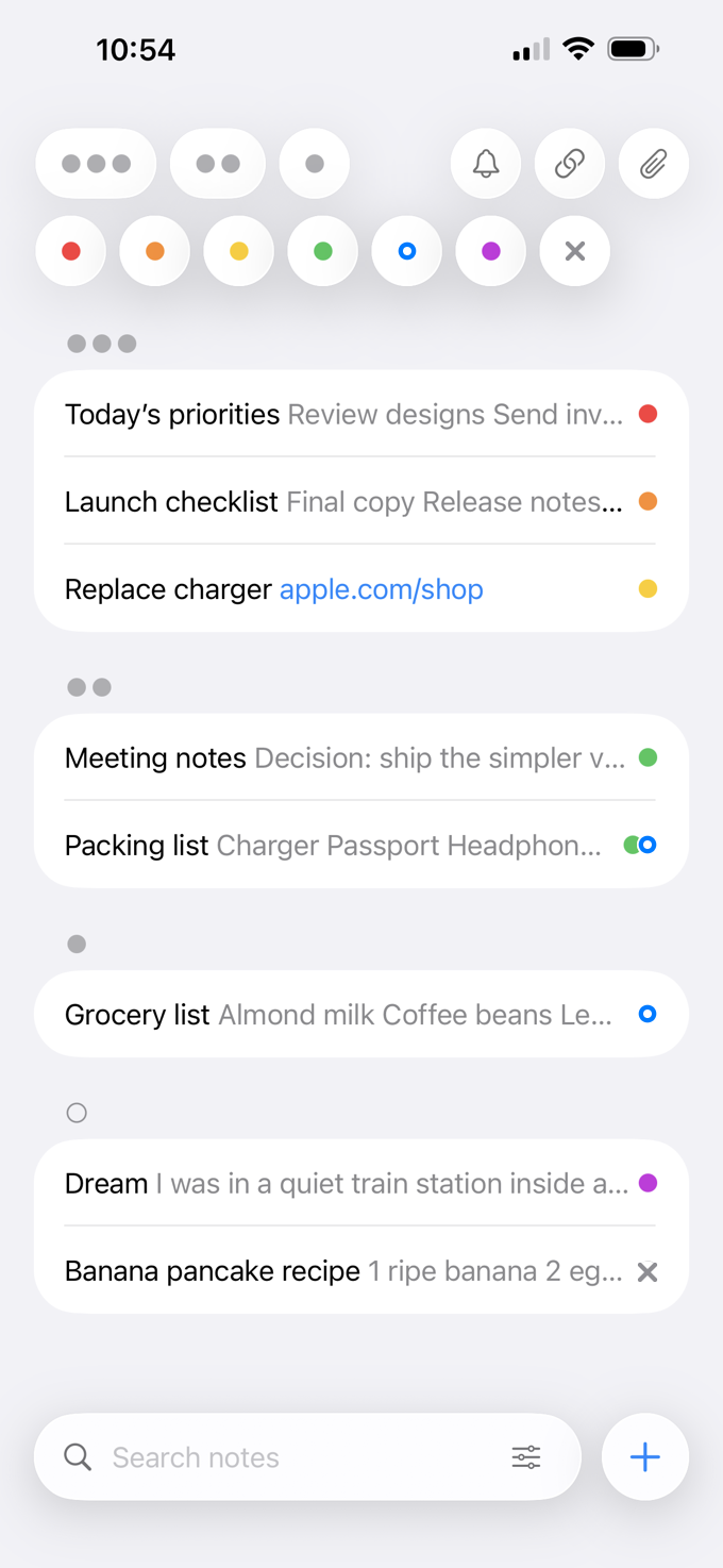 NotePile note list with priority filters, color filters, search, and grouped notes.