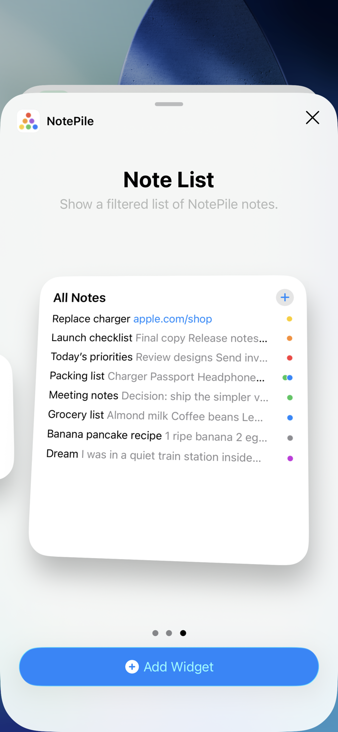 NotePile widget preview showing a filtered note list on iPhone.