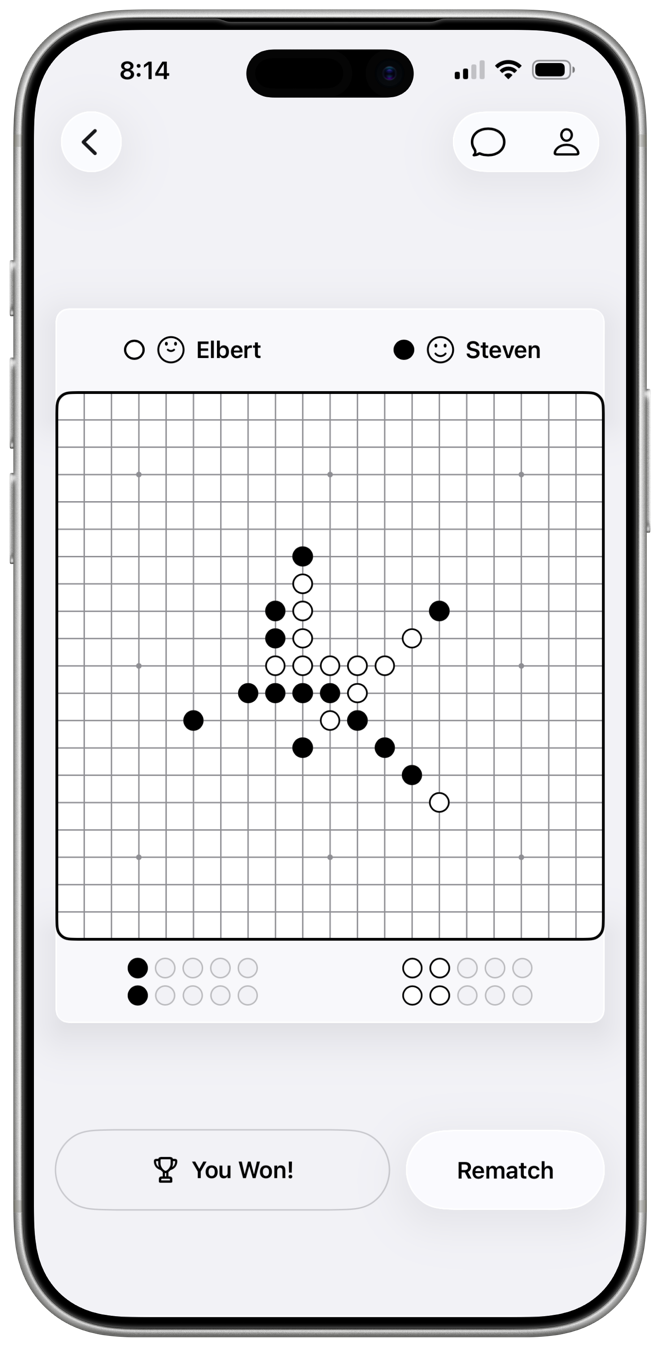 Pente gameplay screen showing a completed iPhone board game with black and white stones.